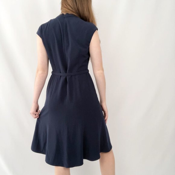 Anne Klein Midi Belted Fit and Flare Navy Blue Dress - Picture 7 of 14